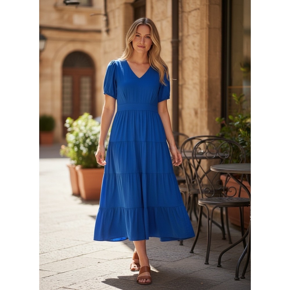 Ann Taylor Factory Royal Blue Tiered V-Neck Puff Sleeve Midi Dress Womens 6